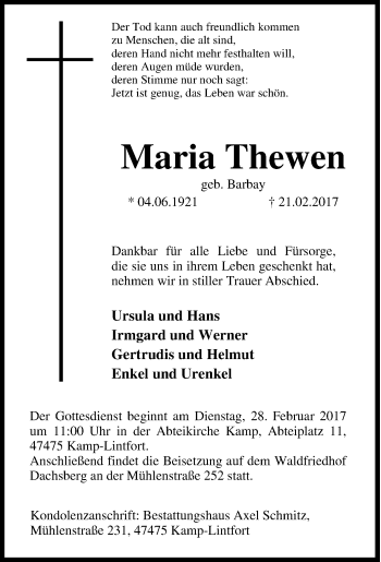 Traueranzeige von Maria Thewen von Tageszeitung