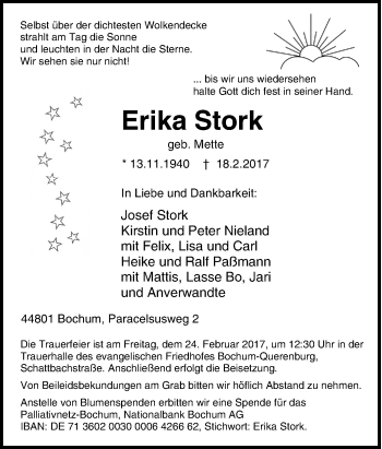 Traueranzeige von Erika Stork von Tageszeitung