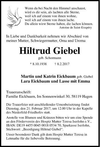Traueranzeige von Hiltrud Giebel von Tageszeitung