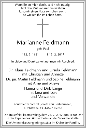 Traueranzeige von Marianne Feldmann von Tageszeitung