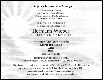 Traueranzeige von Hermann Wiebus von Tageszeitung