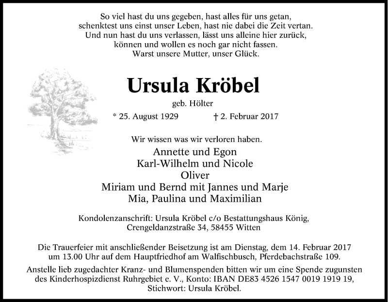  Traueranzeige für Ursula Kröbel vom 10.02.2017 aus Tageszeitung