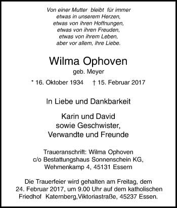 Traueranzeige von Wilma Ophoven von Tageszeitung