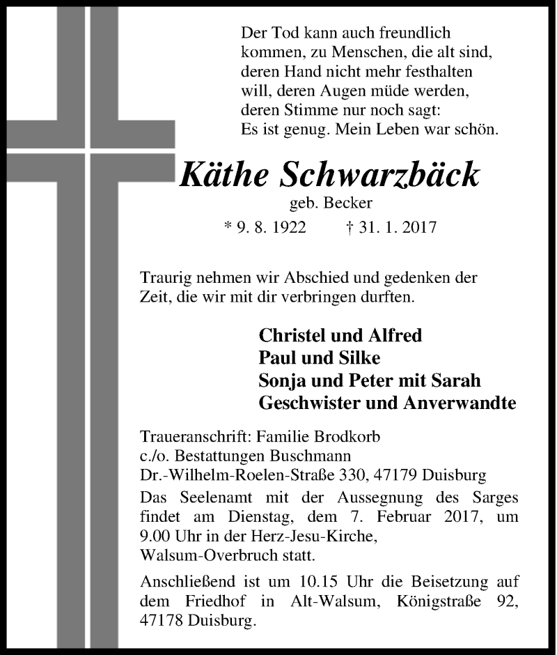  Traueranzeige für Käthe Schwarzbäck vom 03.02.2017 aus Tageszeitung