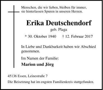 Traueranzeige von Erika Deutschendorf von Tageszeitung