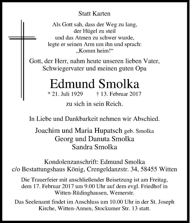  Traueranzeige für Edmund Smolka vom 15.02.2017 aus Tageszeitung