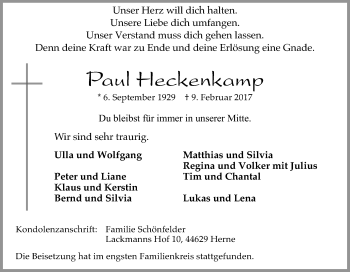 Traueranzeige von Paul Heckenkamp von Tageszeitung