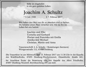 Traueranzeige von Joachim A. Schultz von Tageszeitung