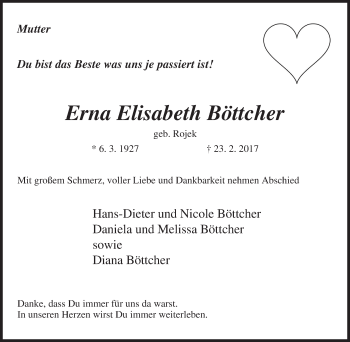 Traueranzeige von Erna Elisabeth Böttcher von Tageszeitung