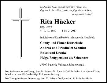 Traueranzeige von Rita Hücker von Tageszeitung