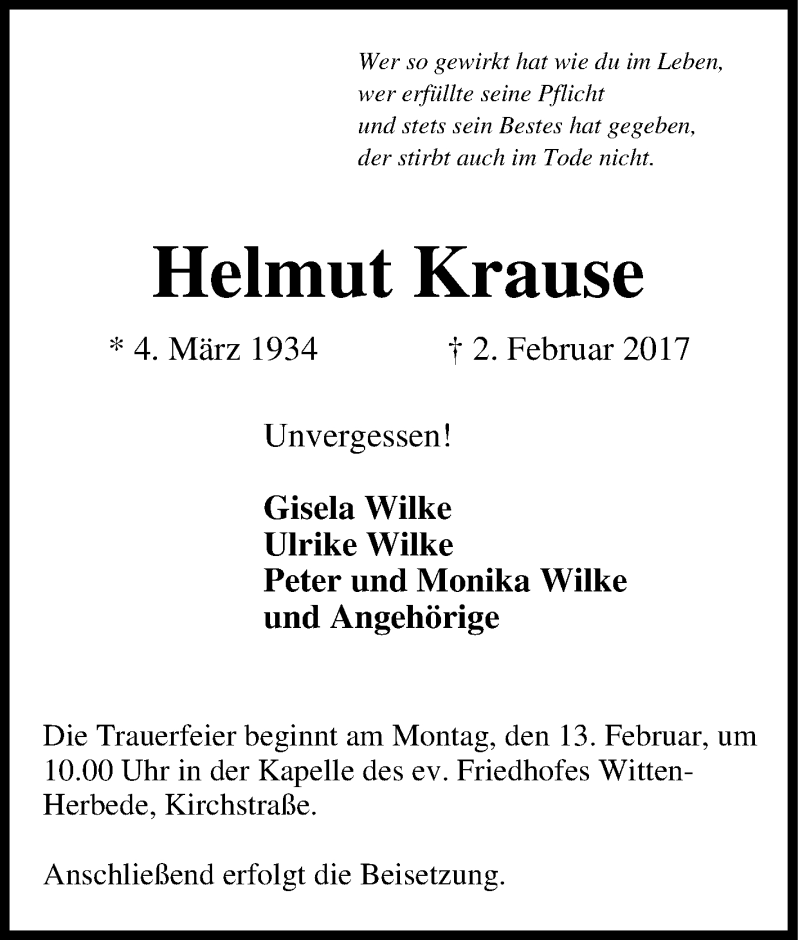  Traueranzeige für Helmut Krause vom 08.02.2017 aus Tageszeitung