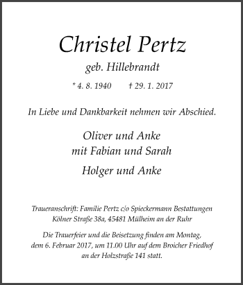 Traueranzeige von Christel Pertz von Tageszeitung