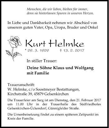 Traueranzeige von Kurt Helmke von Tageszeitung