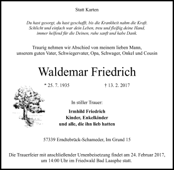 Traueranzeige von Waldemar Friedrich von Tageszeitung