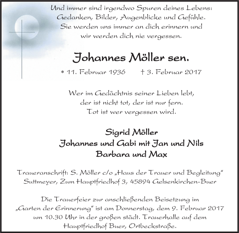  Traueranzeige für Johannes Möller vom 06.02.2017 aus Tageszeitung