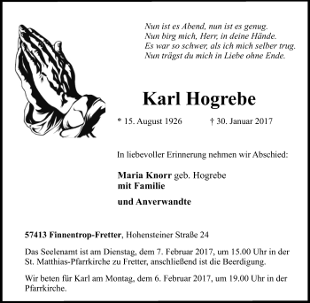 Traueranzeige von Karl Hogrebe von Tageszeitung