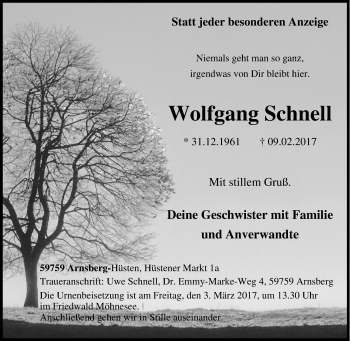 Traueranzeige von Wolfgang Schnell von Tageszeitung
