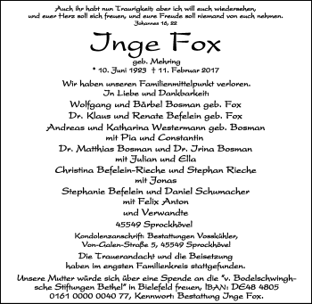 Traueranzeige von Inge Fox von Tageszeitung