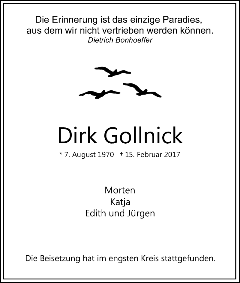  Traueranzeige für Dirk Gollnick vom 01.03.2017 aus Tageszeitung