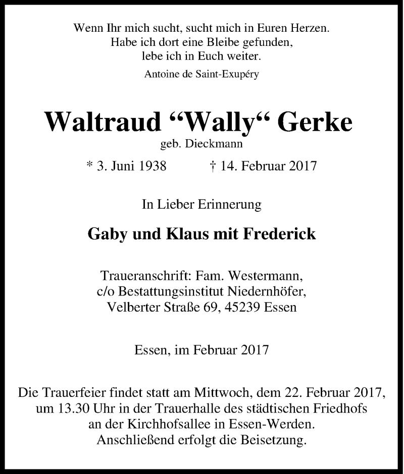  Traueranzeige für Waltraud  Gerke vom 18.02.2017 aus Tageszeitung