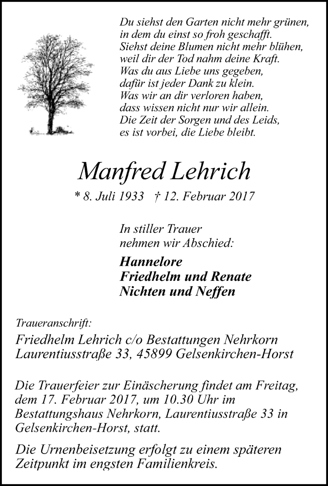  Traueranzeige für Manfred Lehrich vom 15.02.2017 aus Tageszeitung