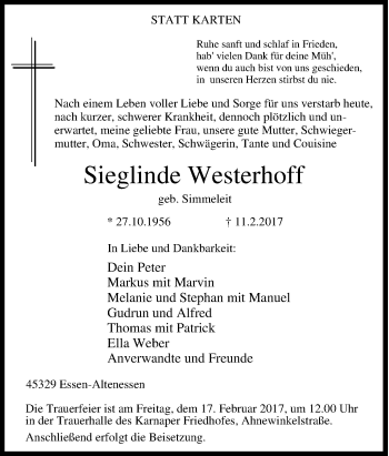 Traueranzeige von Sieglinde Westerhoff von Tageszeitung