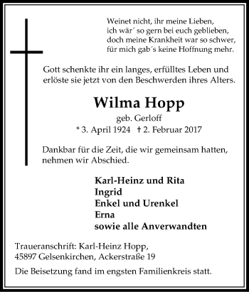 Traueranzeige von Wilma Hopp von Tageszeitung