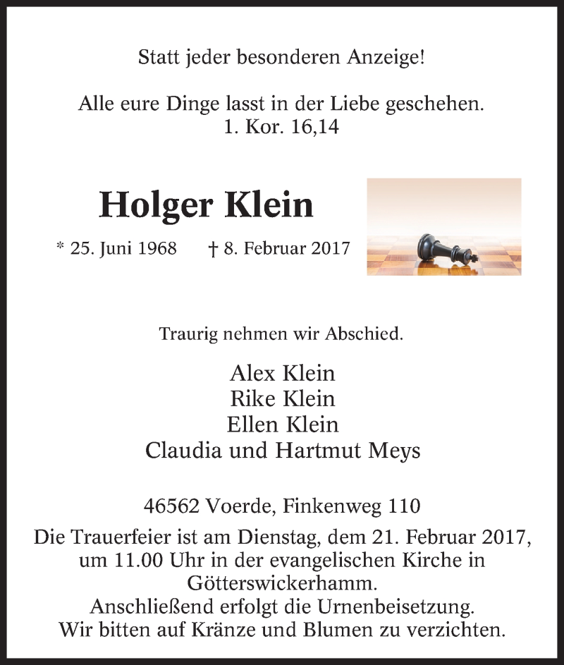  Traueranzeige für Holger Klein vom 11.02.2017 aus Tageszeitung