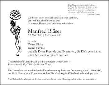 Traueranzeige von Manfred Bläser von Tageszeitung