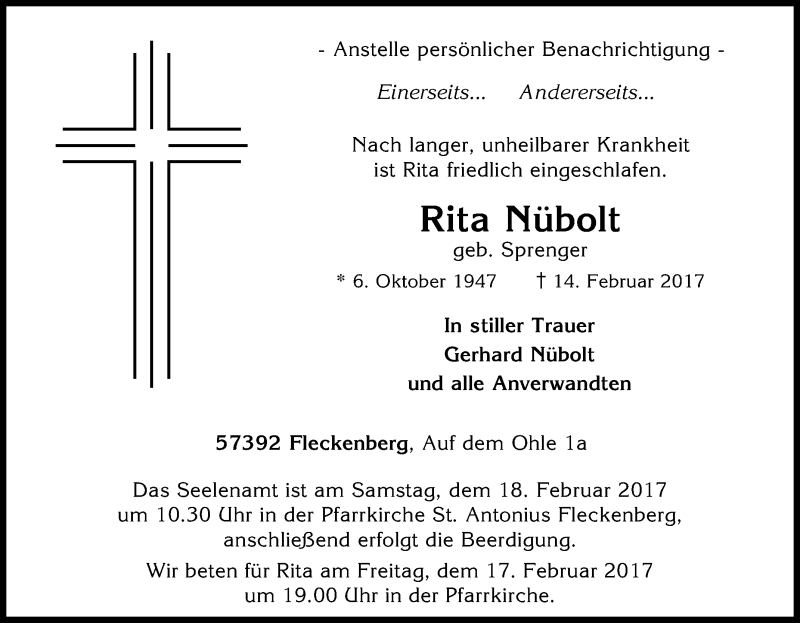  Traueranzeige für Rita Nübolt vom 15.02.2017 aus Tageszeitung