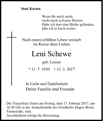 Traueranzeige von Leni Schewe von Tageszeitung