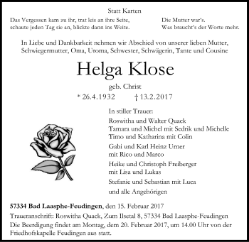 Traueranzeige von Helga Klose von Tageszeitung