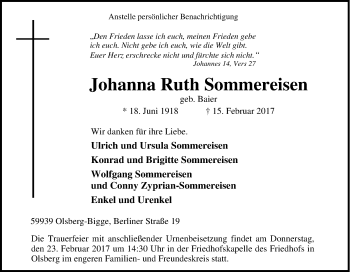 Traueranzeige von Johanna Ruth Sommereisen von Tageszeitung