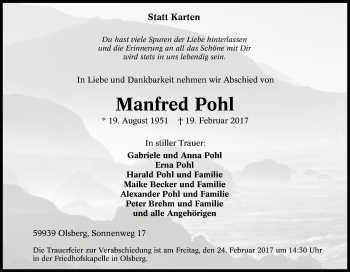 Traueranzeige von Manfred Pohl von Tageszeitung