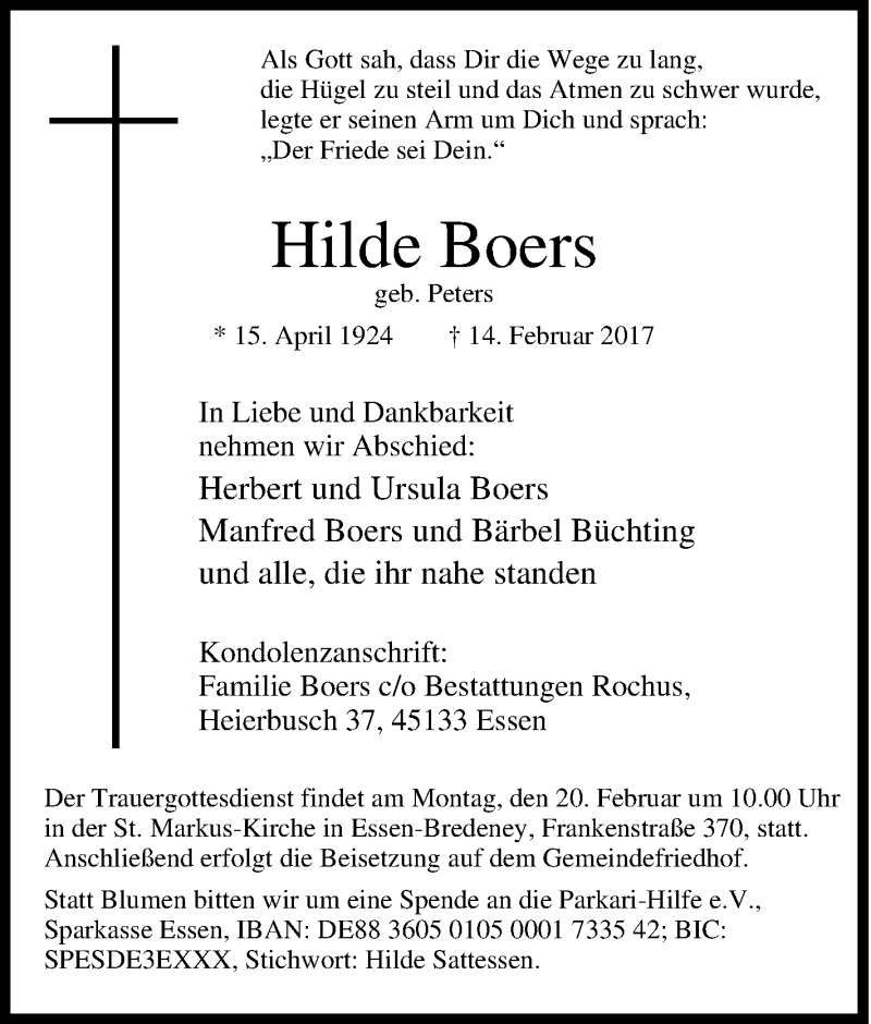  Traueranzeige für Hilde Boers vom 18.02.2017 aus Tageszeitung