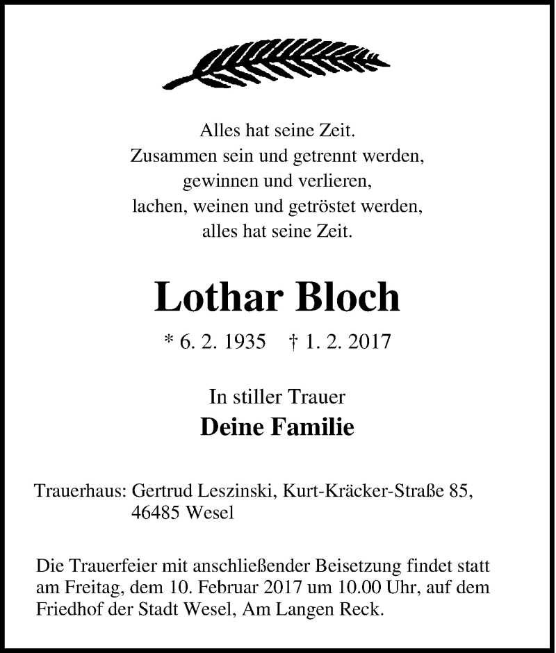  Traueranzeige für Lothar Bloch vom 06.02.2017 aus Tageszeitung