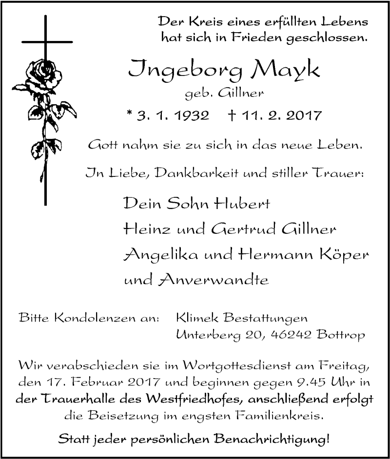  Traueranzeige für Jngeborg Mayk vom 15.02.2017 aus Tageszeitung