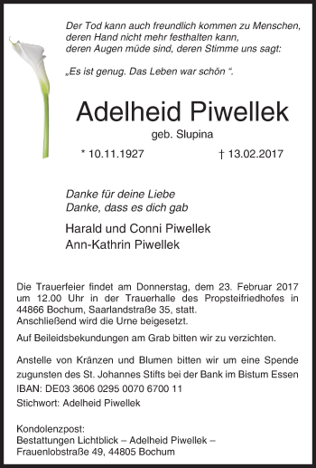 Traueranzeige von Adelheid Piwellek von Tageszeitung