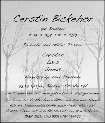 Traueranzeige von Cerstin Bickehör von Tageszeitung
