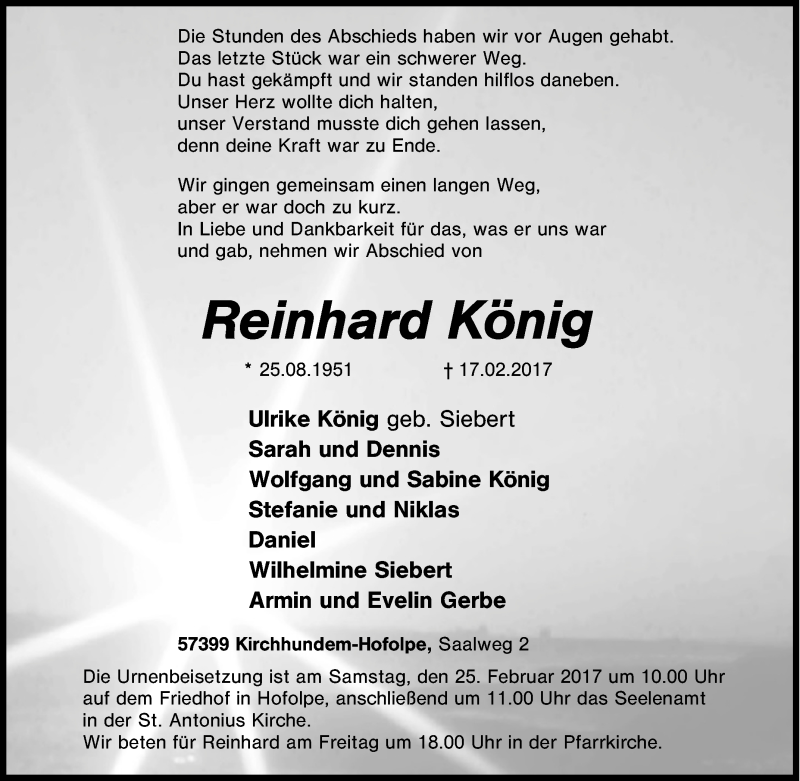  Traueranzeige für Reinhard König vom 22.02.2017 aus Tageszeitung