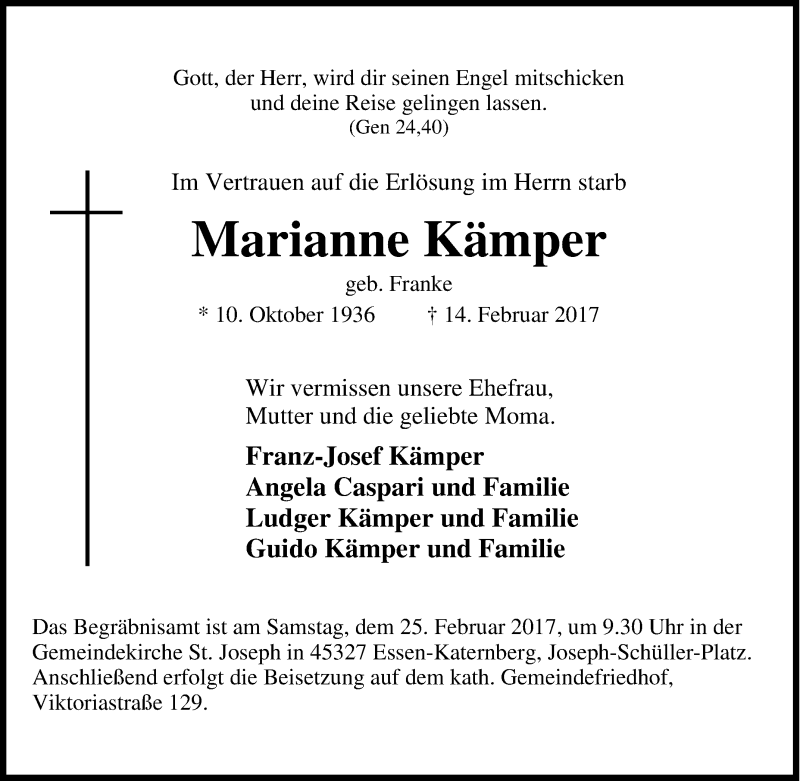  Traueranzeige für Marianne Kämper vom 18.02.2017 aus Tageszeitung
