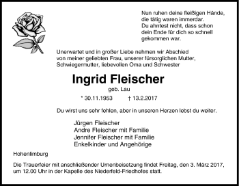 Traueranzeige von Ingrid Fleischer von Tageszeitung