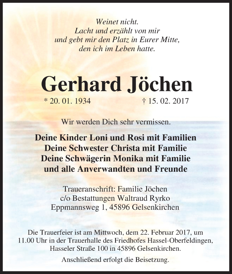  Traueranzeige für Gerhard Jöchen vom 20.02.2017 aus Tageszeitung