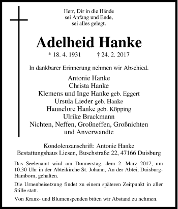 Traueranzeige von Adelheid Hanke von Tageszeitung