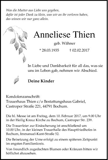 Traueranzeige von Anneliese Thien von Tageszeitung