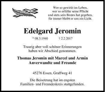 Traueranzeige von Edelgard Jeromin von Tageszeitung
