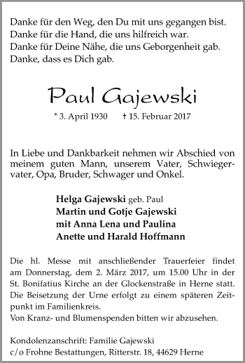 Traueranzeige von Paul Gajewski von Tageszeitung