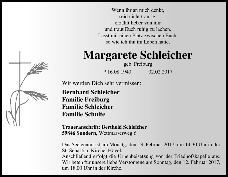  Traueranzeige für Margarete Schleicher vom 08.02.2017 aus Tageszeitung