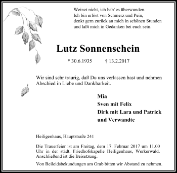 Traueranzeige von Lutz Sonnenschein von Tageszeitung