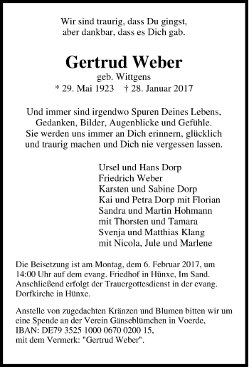Traueranzeige von Gertrud Weber von Tageszeitung